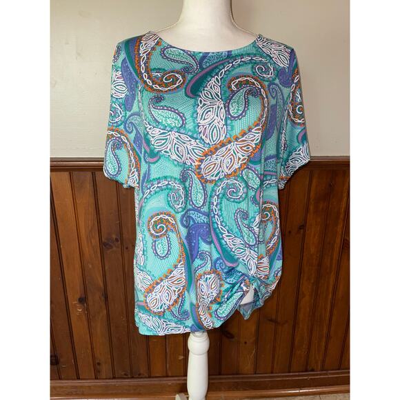 Womens Ruby Rd Knit‎ Paisley Puff Print Front Tie Detail Blue Purple Blouse M - Picture 1 of 7